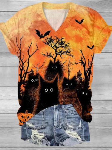 Halloween Black Cat Print V Neck T-Shirt