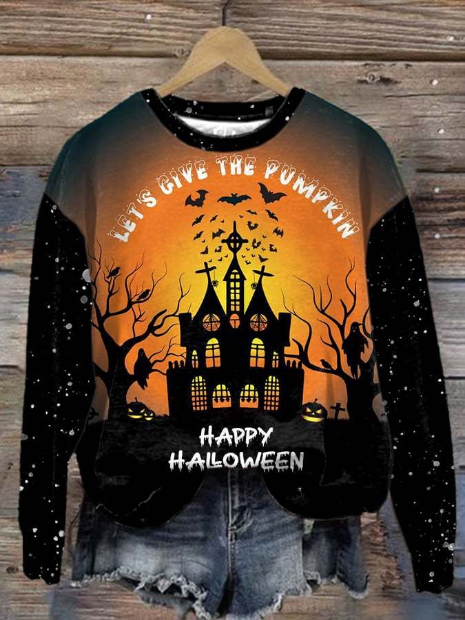 Women'S Let'S Give The Pumpkin Happy Halloween Print Sweatshirt