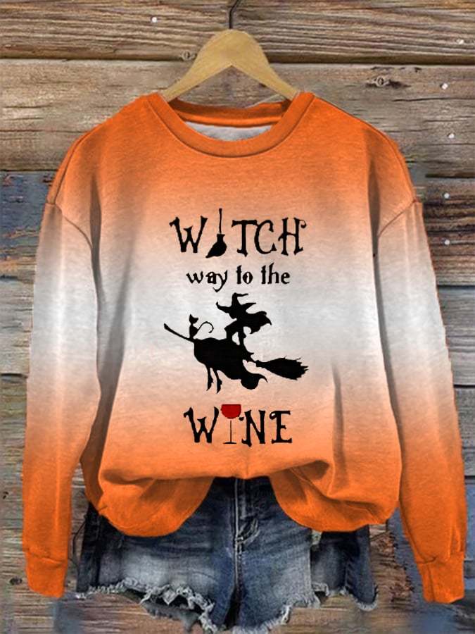 Women's Halloween Witch Way To The Wine Gradient Color Printed Sweatshirt