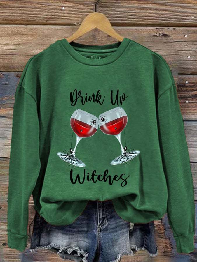 Women's Drink Up Witches Spider Wine Glass Print Sweatshirt