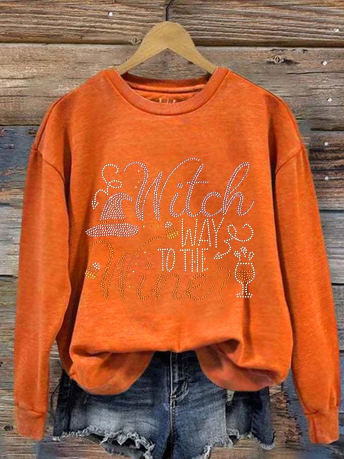 Women's Halloween Wicth Way To The Wine Print Sweatshirt