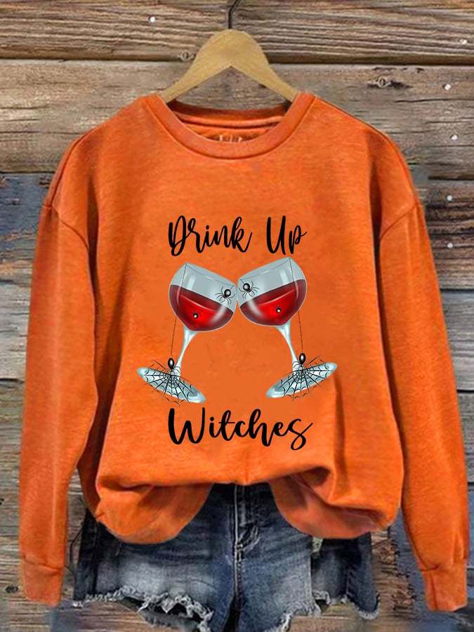 Women's Drink Up Witches Spider Wine Glass Print Sweatshirt