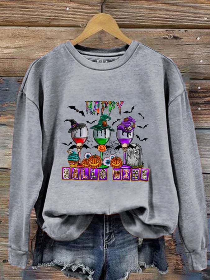 Women's Happy Hallo Wine Drink Up Witches Print Sweatshirt