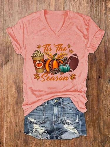 Tis The Season Pumpkin Football V Neck T-Shirt