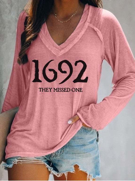 Women's 1692 They Missed One Salem Witch Casual V-Neck Long-Sleeve T-Shirt
