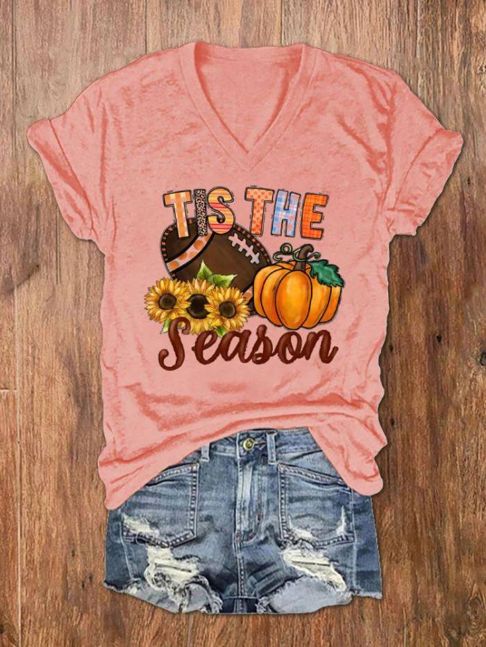 Tis The Season Leopard Pumpkin Sunflower V Neck T-Shirt