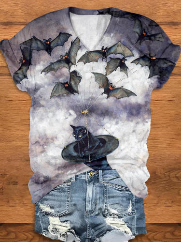 Bats Witch Cat Print V Neck T-Shirt