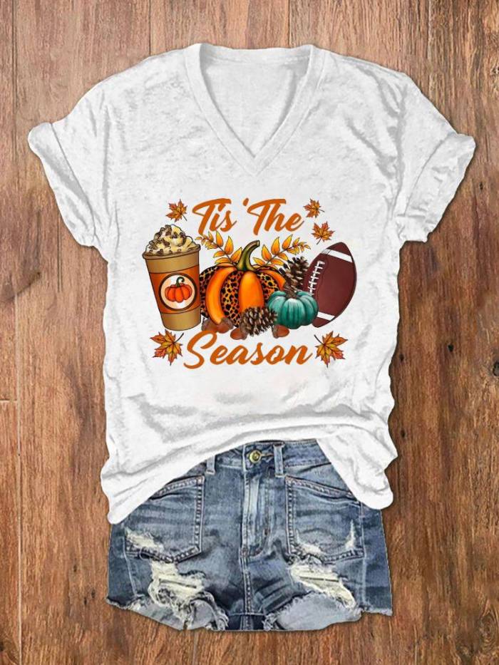 Tis The Season Pumpkin Football V Neck T-Shirt