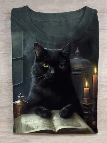 Halloween Black Cat Print T-Shirt