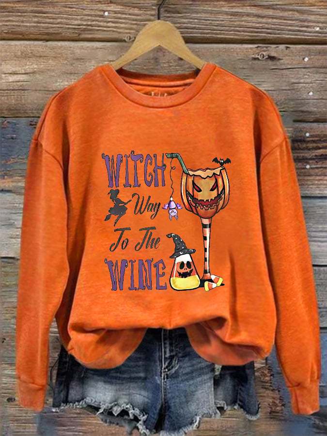 Women's Funny Halloween Witch Way To The Wine Printed Sweatshirt