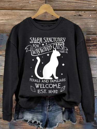 Women's Halloween Salem Sanctuary For Wayward Cats Ferals And Familiars Welcome Est.1692 Printed Sweater