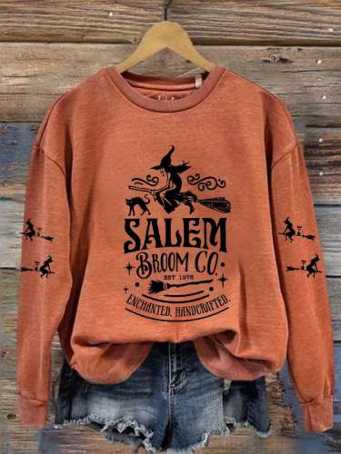Women's Halloween Salem Broom Co Round Neck Long Sleeve Sweatshirt