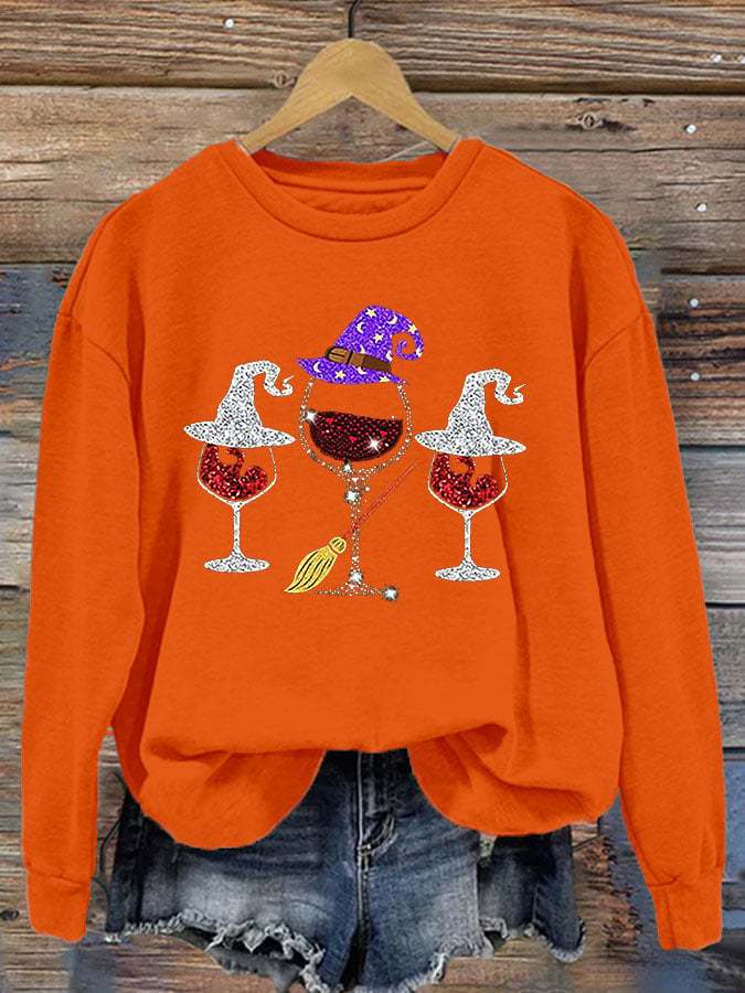 Women's Casual Halloween Wine Glass Print Long Sleeve Sweatshirt