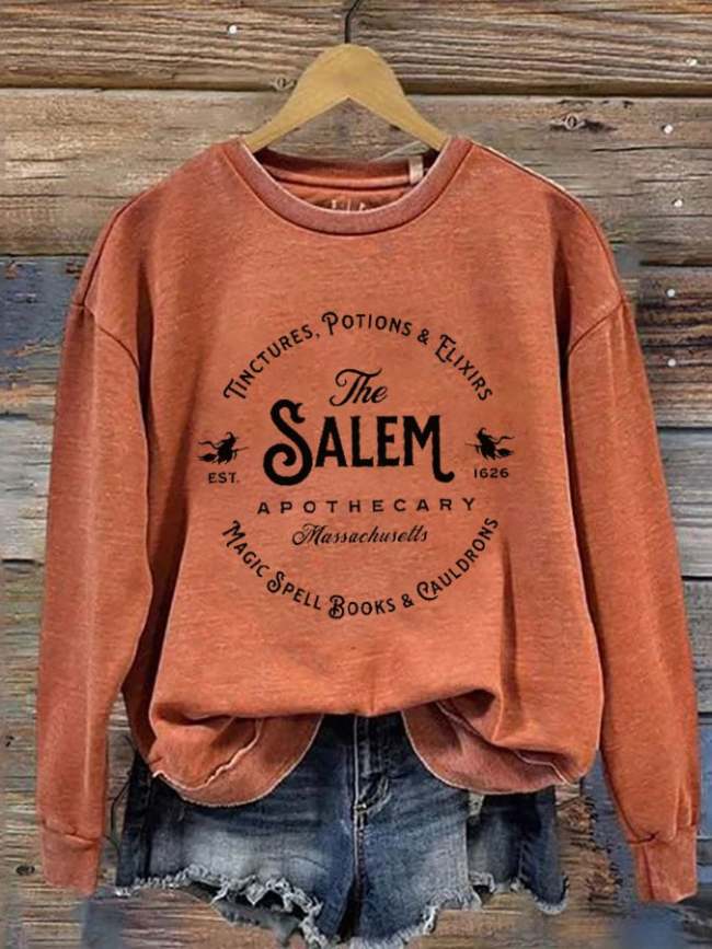 Women's Salem Massachusetts Happy Halloween Witch Printed Round Neck Long Sleeve Sweatshirt