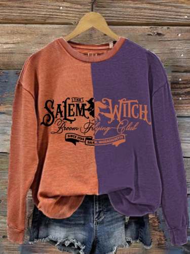 Women's Halloween Salem Witch Broom Flying Club Contrast Print Sweatshirt