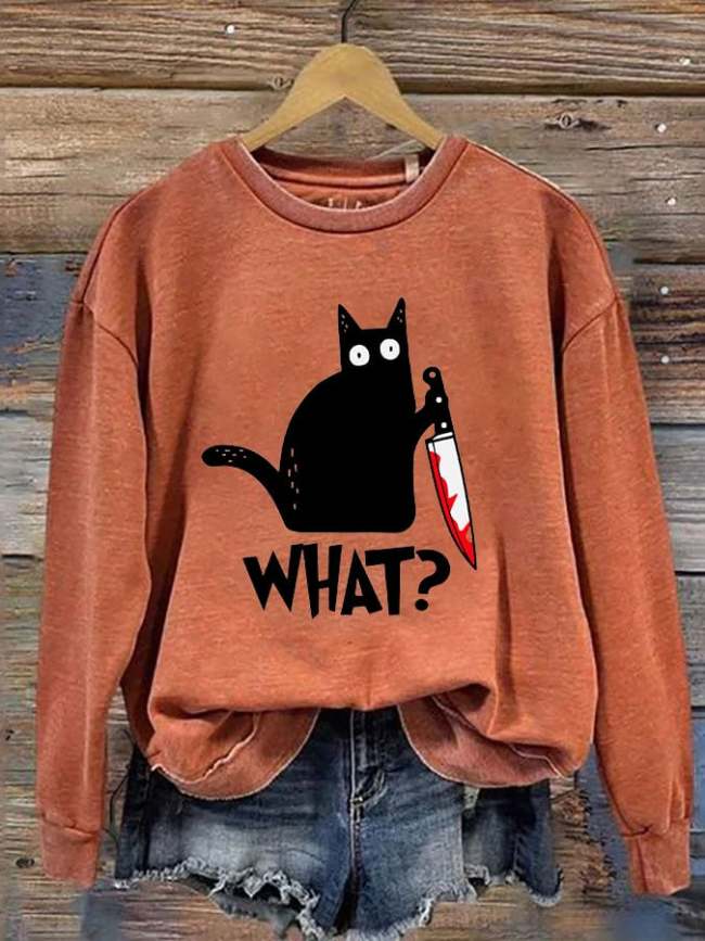 Women's Halloween Fun Black Cat Print Round Neck Long Sleeve Sweatshirt