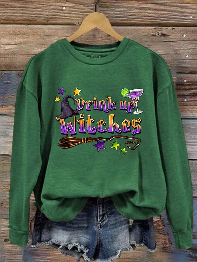 Women's Funny Halloween Drink Up Witches  Printed Sweatshirt