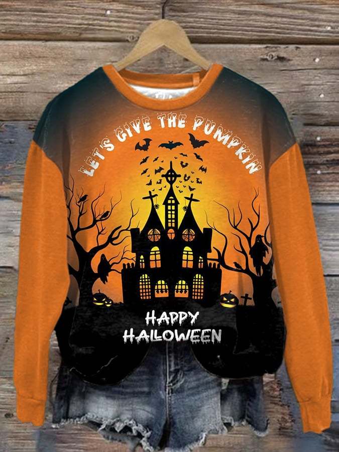 Women'S Let'S Give The Pumpkin Happy Halloween Print Sweatshirt