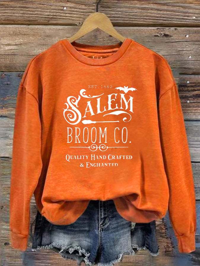 Women's Halloween Salem Broom Co Prnted Sweatshirt
