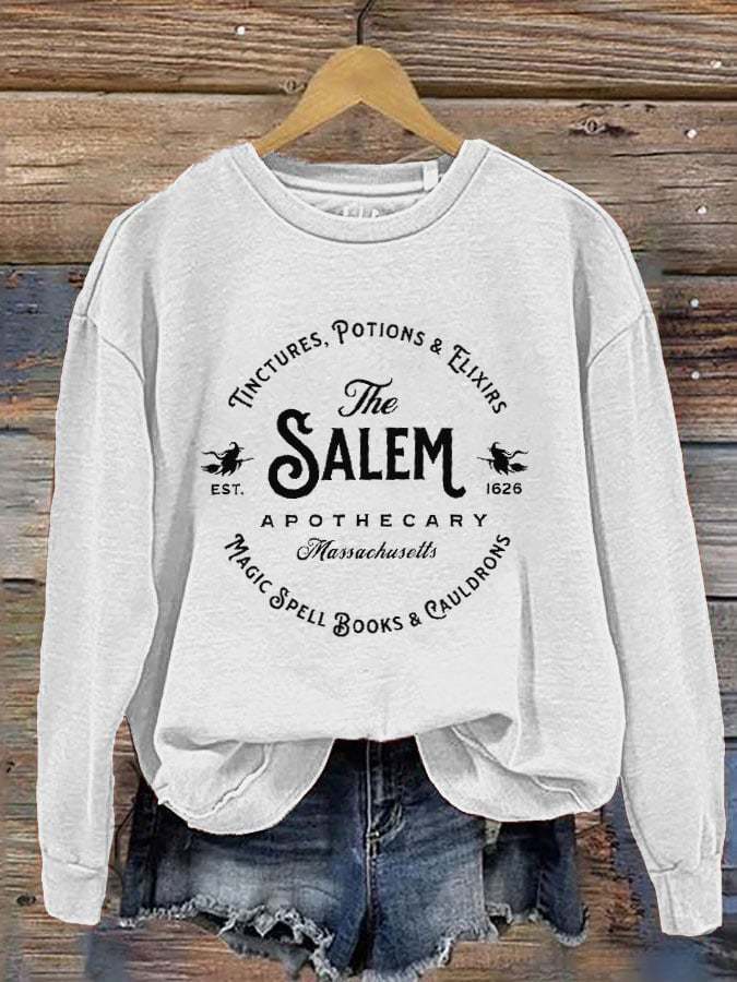 Women's Salem Massachusetts Happy Halloween Witch Printed Round Neck Long Sleeve Sweatshirt