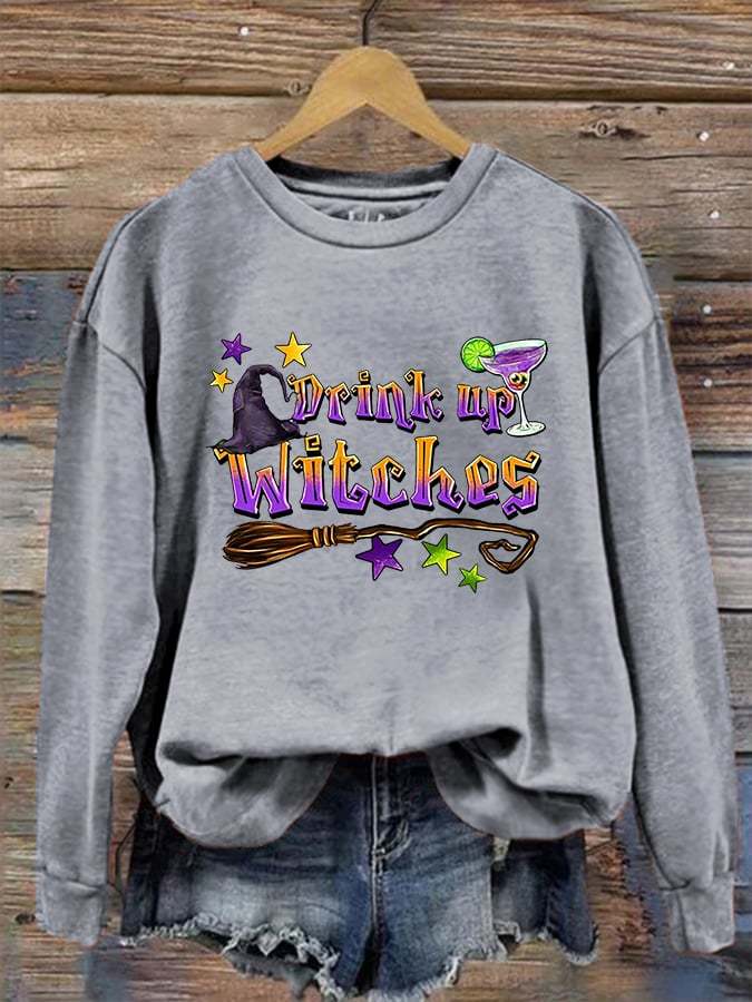 Women's Funny Halloween Drink Up Witches  Printed Sweatshirt
