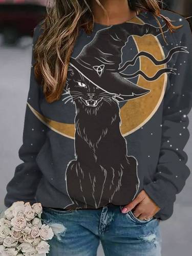 Black Cat Witch Print Sweatshirt