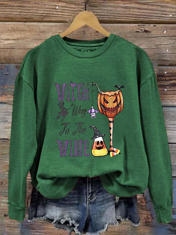 Women's Funny Halloween Witch Way To The Wine Printed Sweatshirt
