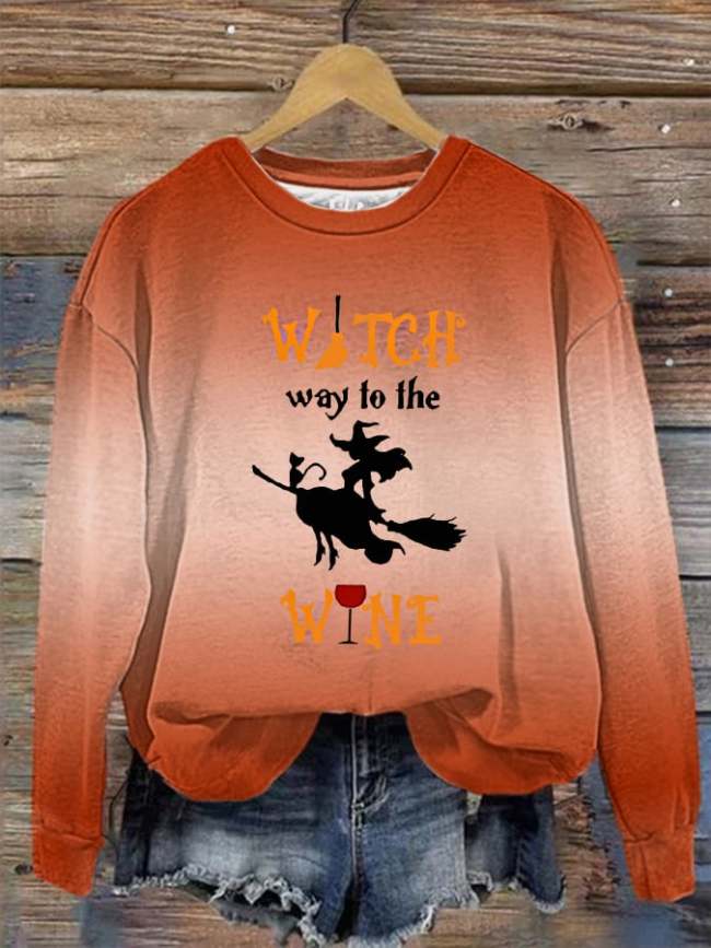 Women's Halloween Witch Way To The Wine Gradient Color Printed Sweatshirt