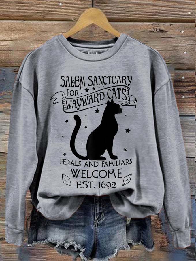Women's Halloween Salem Sanctuary For Wayward Cats Ferals And Familiars Welcome Est.1692 Printed Sweater