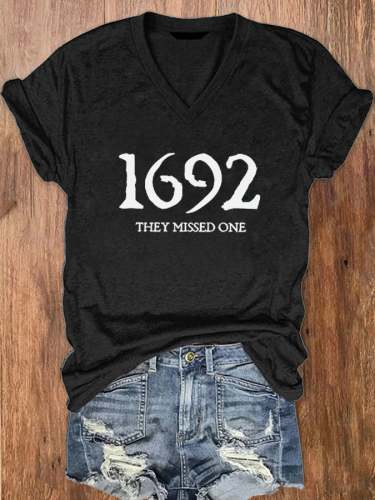 Women's 1692 They Missed One Salem Witch Print V-Neck T-Shirt