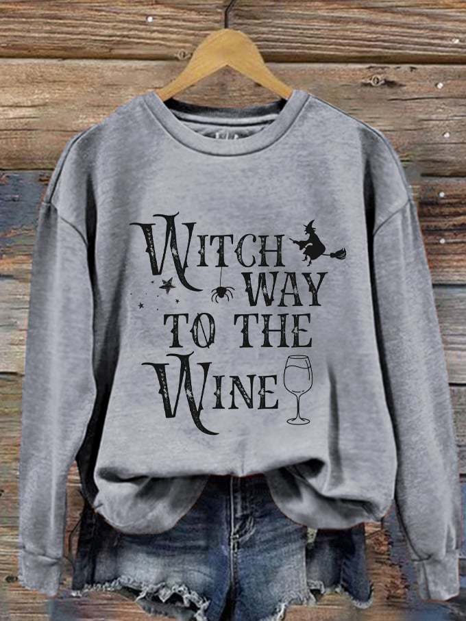 Women's Halloween Witch Way To The Wine Print Sweatshirt