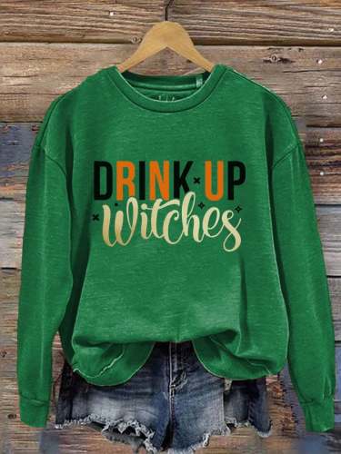 Women's Halloween Drink Up Witches Printed Round Neck Long Sleeve Sweatshirt