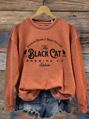 Women's Salem Massachusetts The Black Cat Brewing Co Salem Printed Round Neck Long Sleeve Sweatshirt