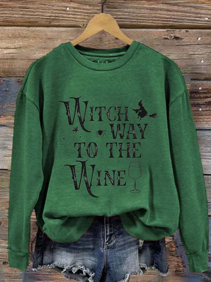 Women's Halloween Witch Way To The Wine Print Sweatshirt