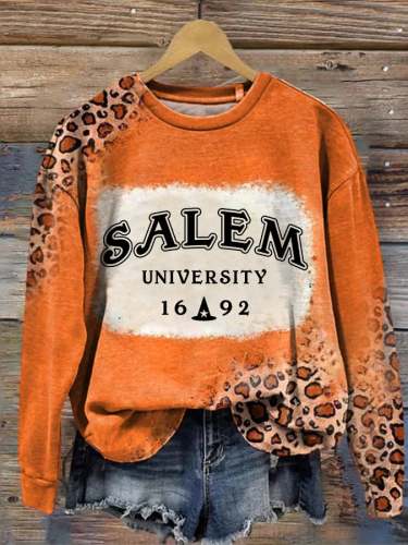 Women's Halloween Salem University 1692 Leopard Print Casual Sweatshirt