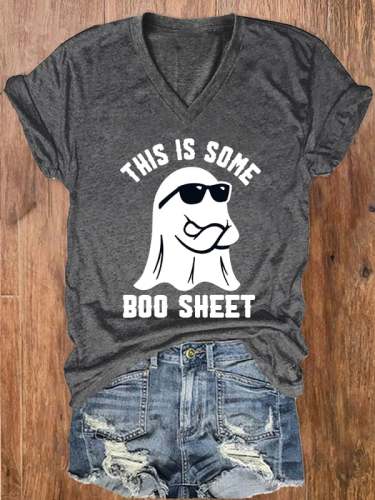 Women's Halloween This Is Some Boo Sheet Print V-Neck T-Shirt