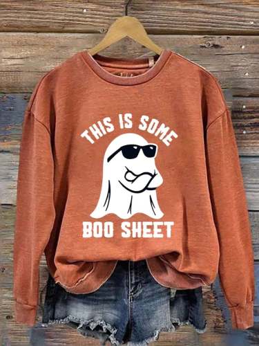 Women's Halloween This Is Some Boo Sheet Printed Crew Neck Long Sleeve Sweatshirt