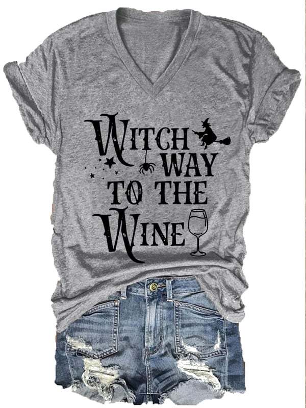 Women's Halloween Witch Way To The Wine Print V-Neck T-Shirt
