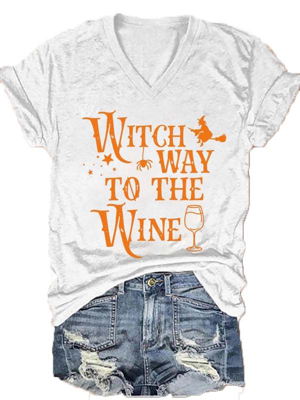 Women's Halloween Witch Way To The Wine Print V-Neck T-Shirt