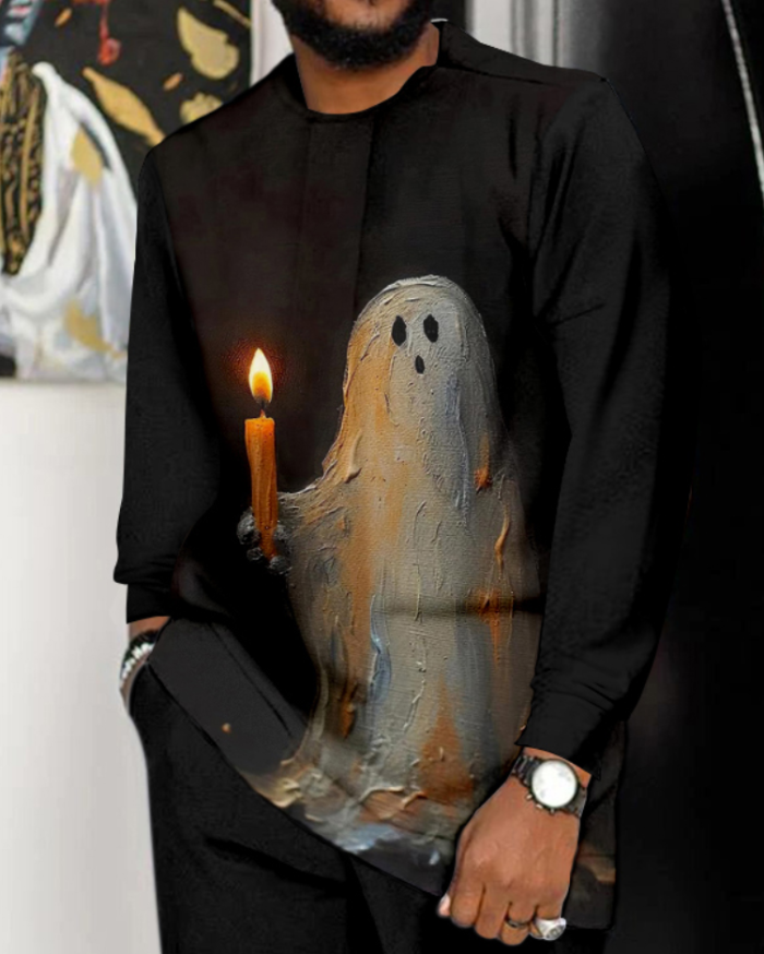 Men's Halloween Ghost Print Long Sleeve Walking Set - 488