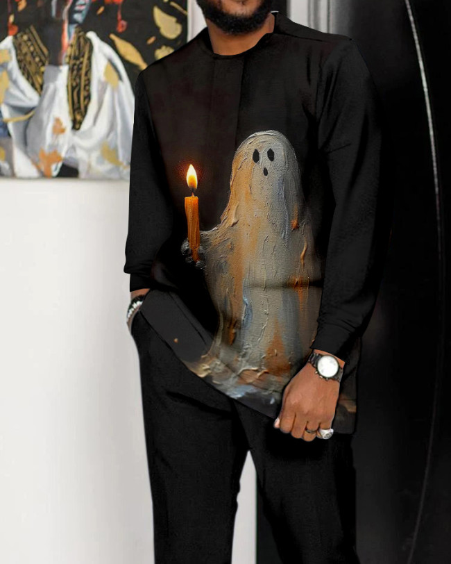Men's Halloween Ghost Print Long Sleeve Walking Set - 488