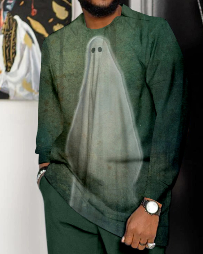 Men's Halloween Ghost Print Long Sleeve Walking Set - 484