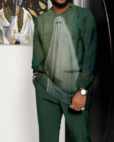 Men's Halloween Ghost Print Long Sleeve Walking Set - 484
