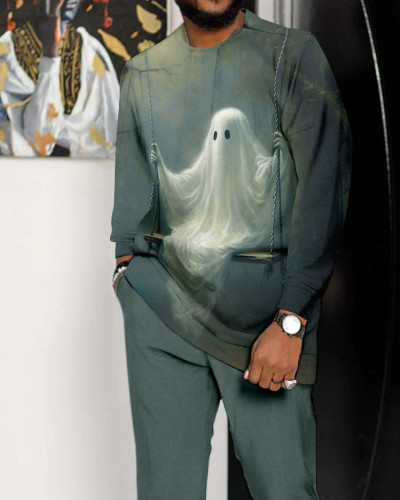 Men's Halloween Ghost Print Long Sleeve Walking Set - 486