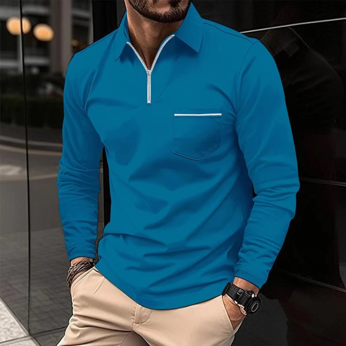 Men's Zip Pocket Long Sleeve Sports Polo Shirt