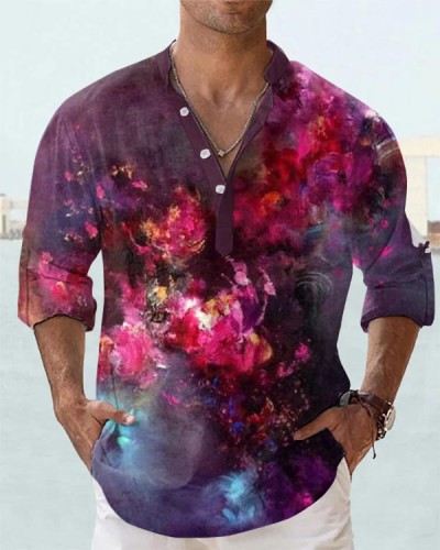 Men's Artistic Oil Painting Floral Long Sleeve Shirt