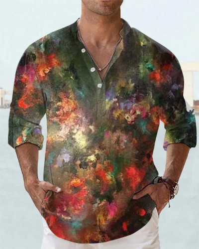 Men's Art Oil Painting Flower Long Sleeve Shirt