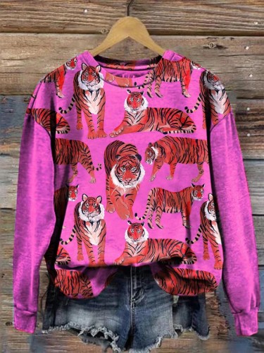Women's Rose Red Animal Print Long Sleeve Crewneck Sweatshirt