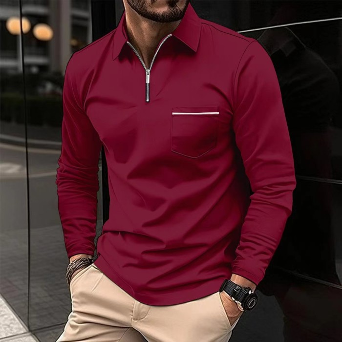 Men's Zip Pocket Long Sleeve Sports Polo Shirt