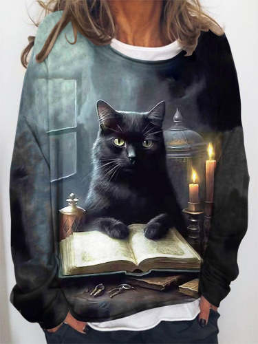 Women's Halloween Cat Print Casual Sweatshirt